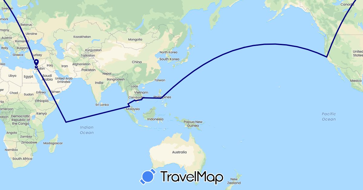 TravelMap itinerary: driving in Israel, Cambodia, Malaysia, Philippines, Seychelles, Thailand, United States, Vietnam (Africa, Asia, North America)
